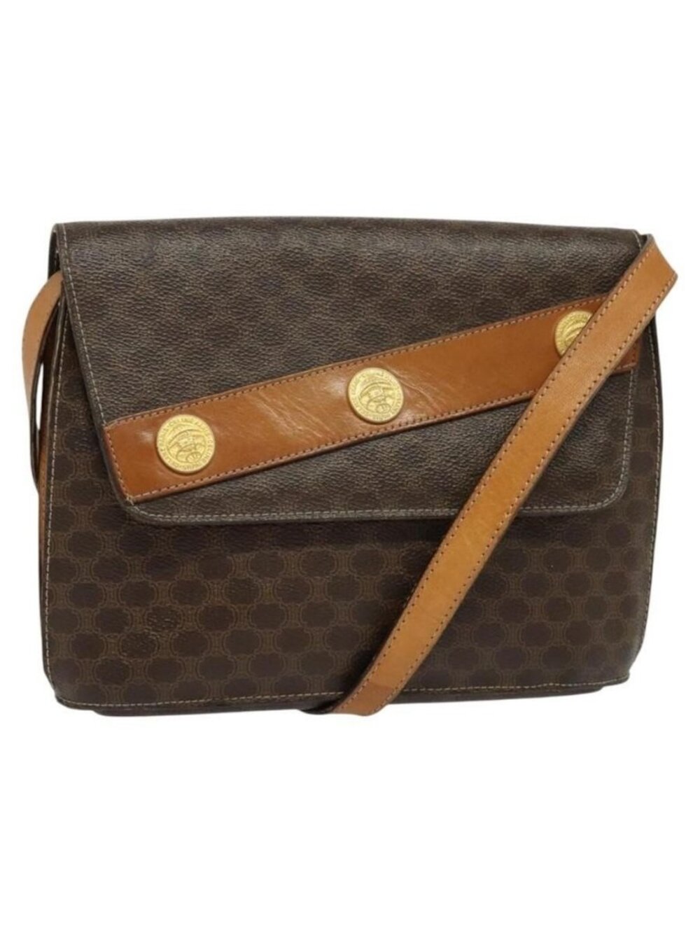 Authentic CELINE Macadam Canvas Shoulder Bag PVC Leather Brown Gold